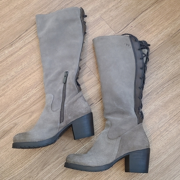 Liberty Black Suede Leather Lace Up Heeled Boots with Side Zipper - Picture 2 of 8